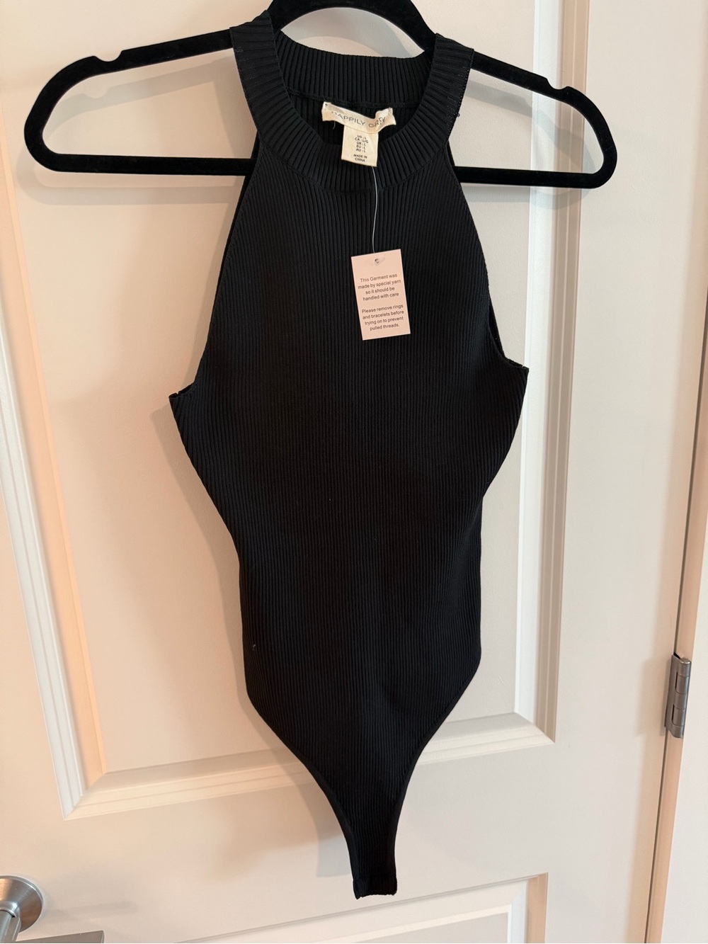 NWT Happily Grey Black Ribbed One-Piece Bodysuit Sz L